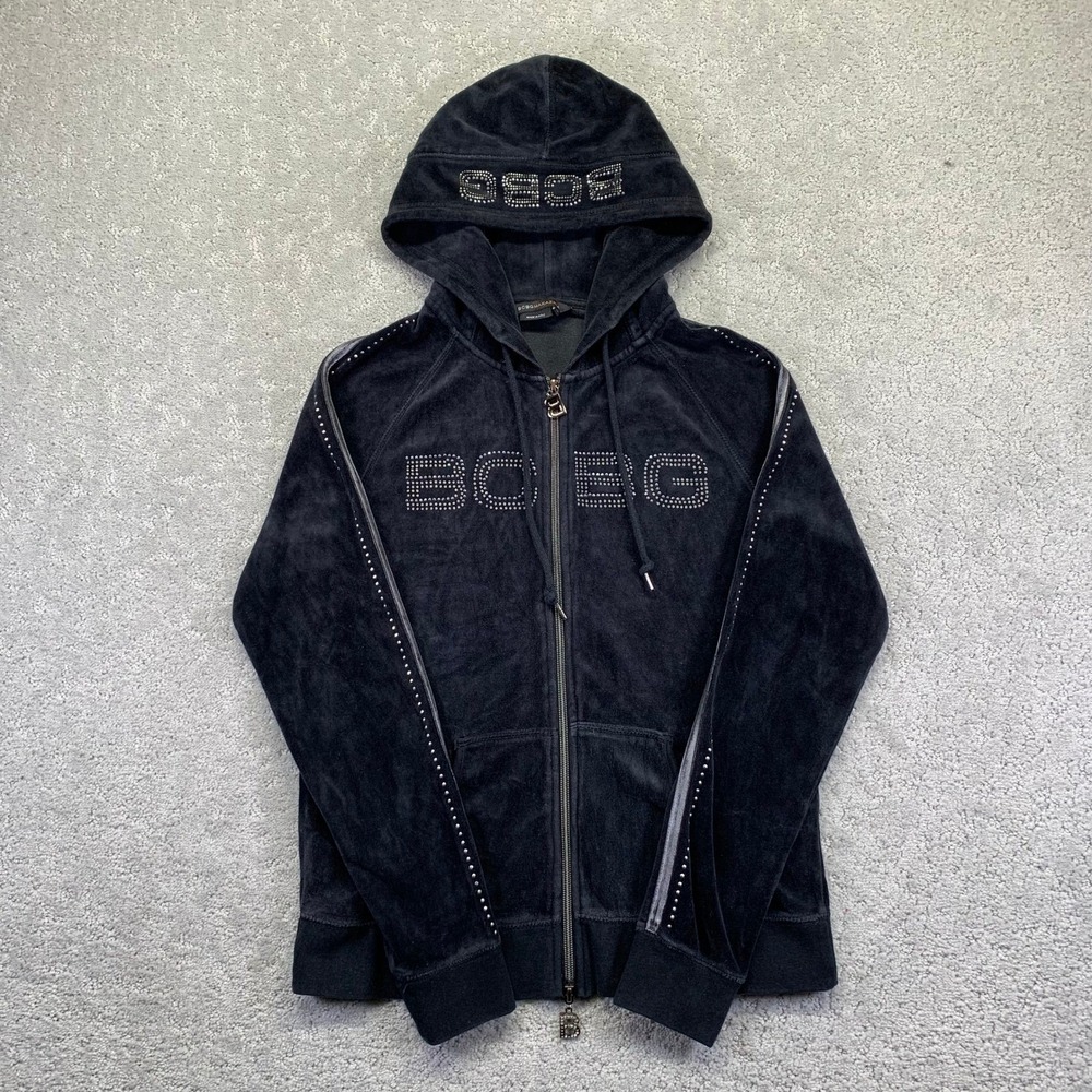 BCBG Max Azria Velour Hoodie Rhinestone Logo‎ Zip Up Jacket Women's Medium Black